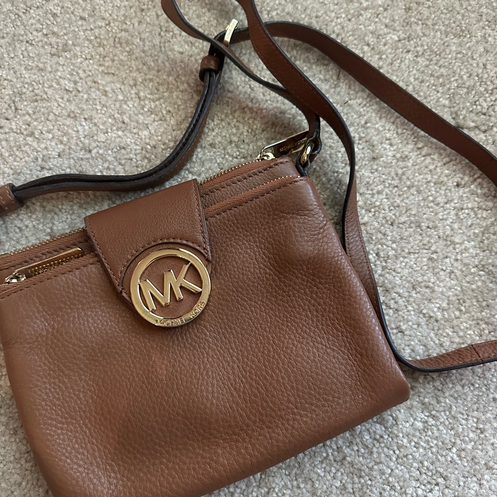 Michael Kors Brown Leather Crossbody Bag with Gold Accents
